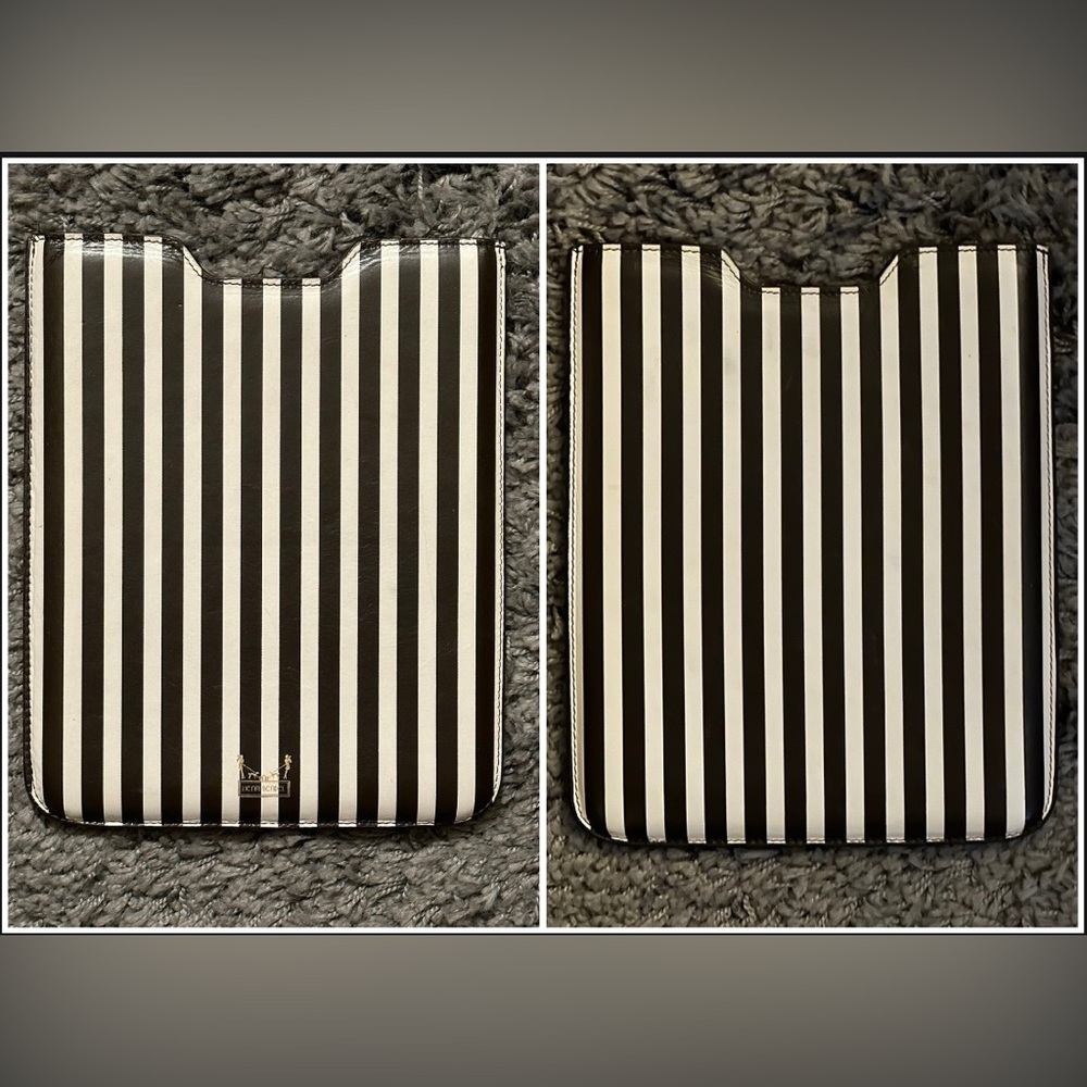 RARE! Henri Bendel signature brown & white stripe leather tech sleeve: 8”x 9.75”